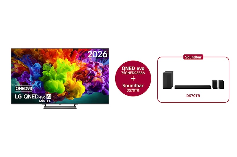 Vooraanzicht van 75 inch LG QNED evo AI QNED93 Mini LED 4K Smart TV 2026 & DS70TR 5.1.1-kanaals 75QNED93B6A.DS70TR